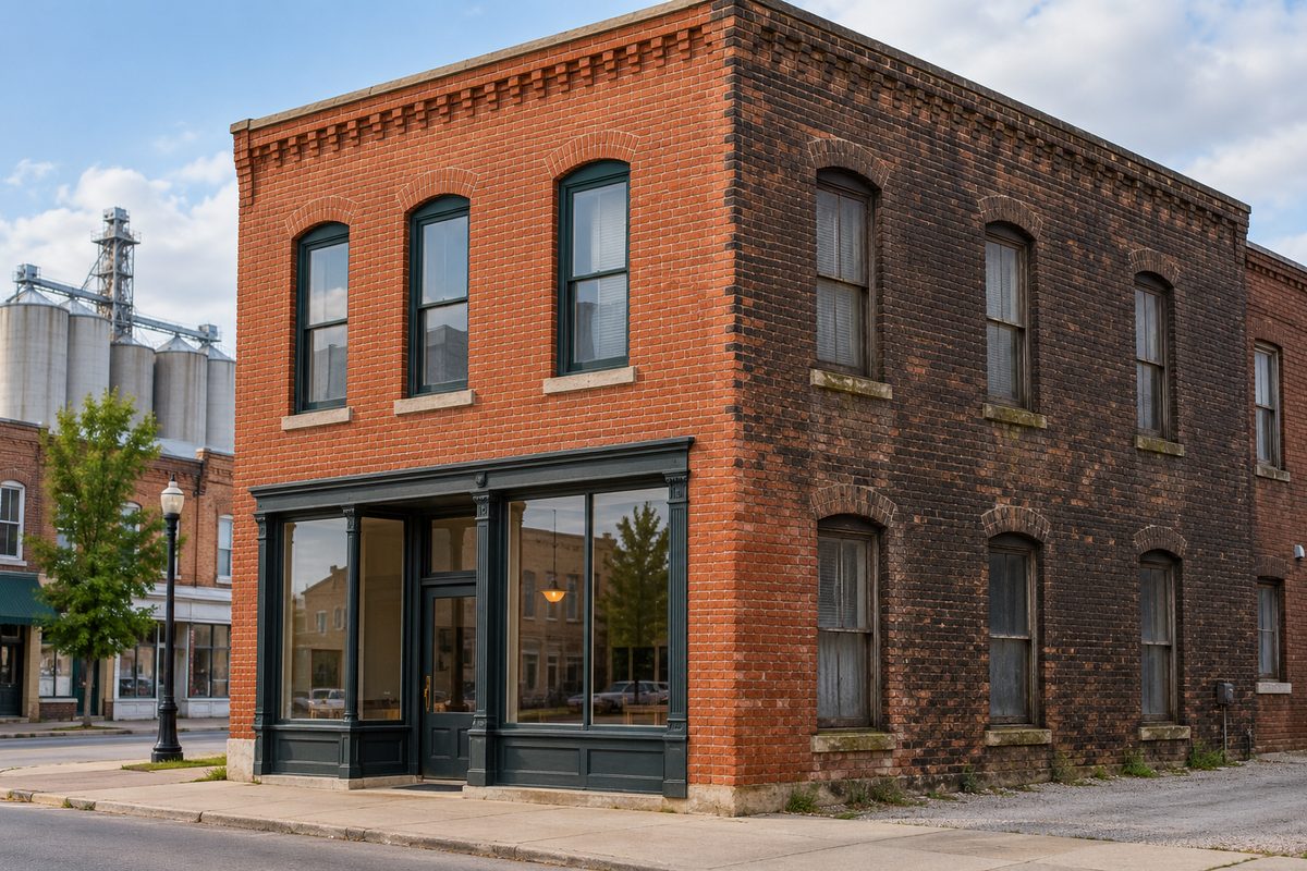 Two-story red brick commercial building displaying cleaned section contrasted against soot-stained original brick