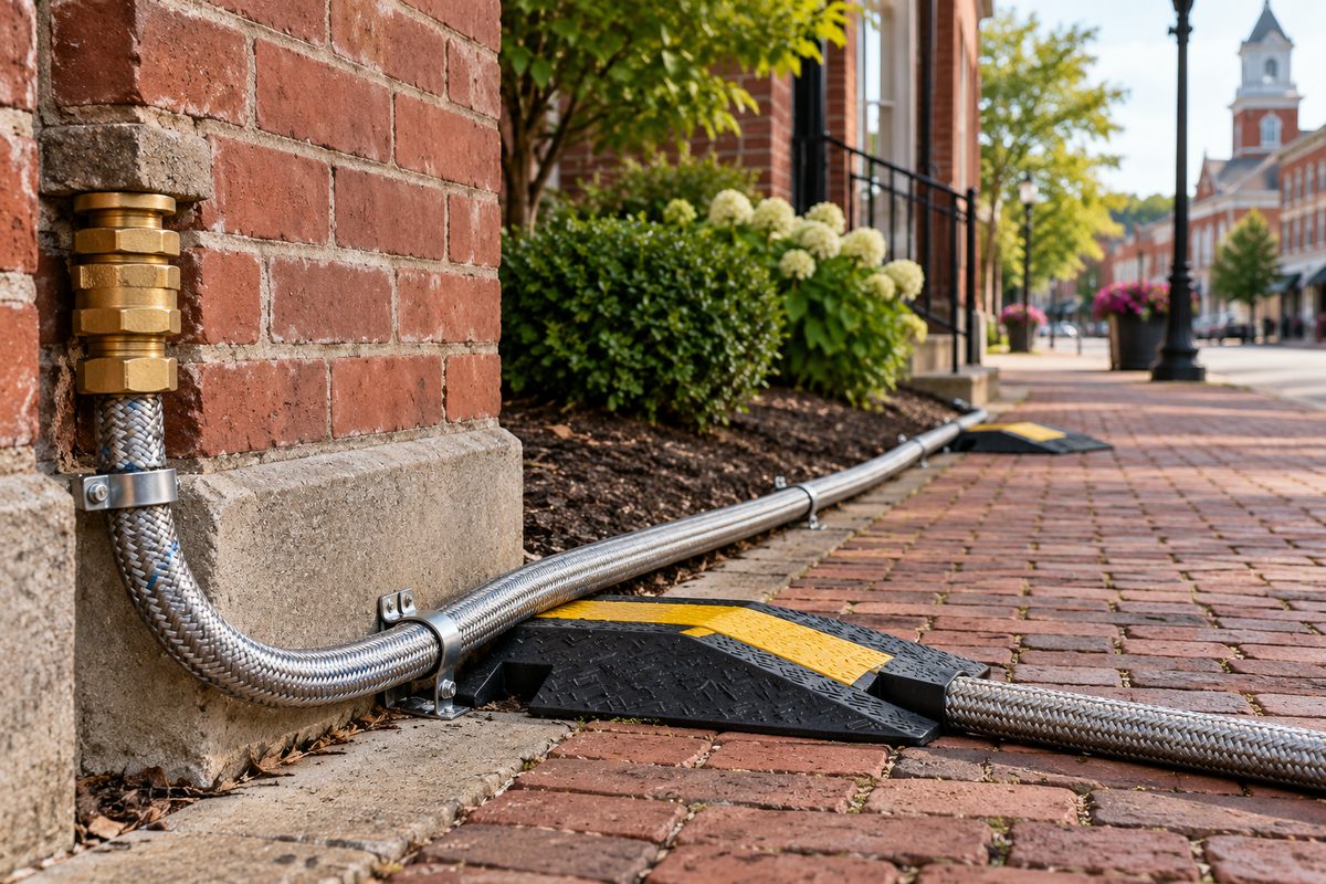 Braided steel pressure wash hose lines and brass quick-connect couplers laid across exterior walkway