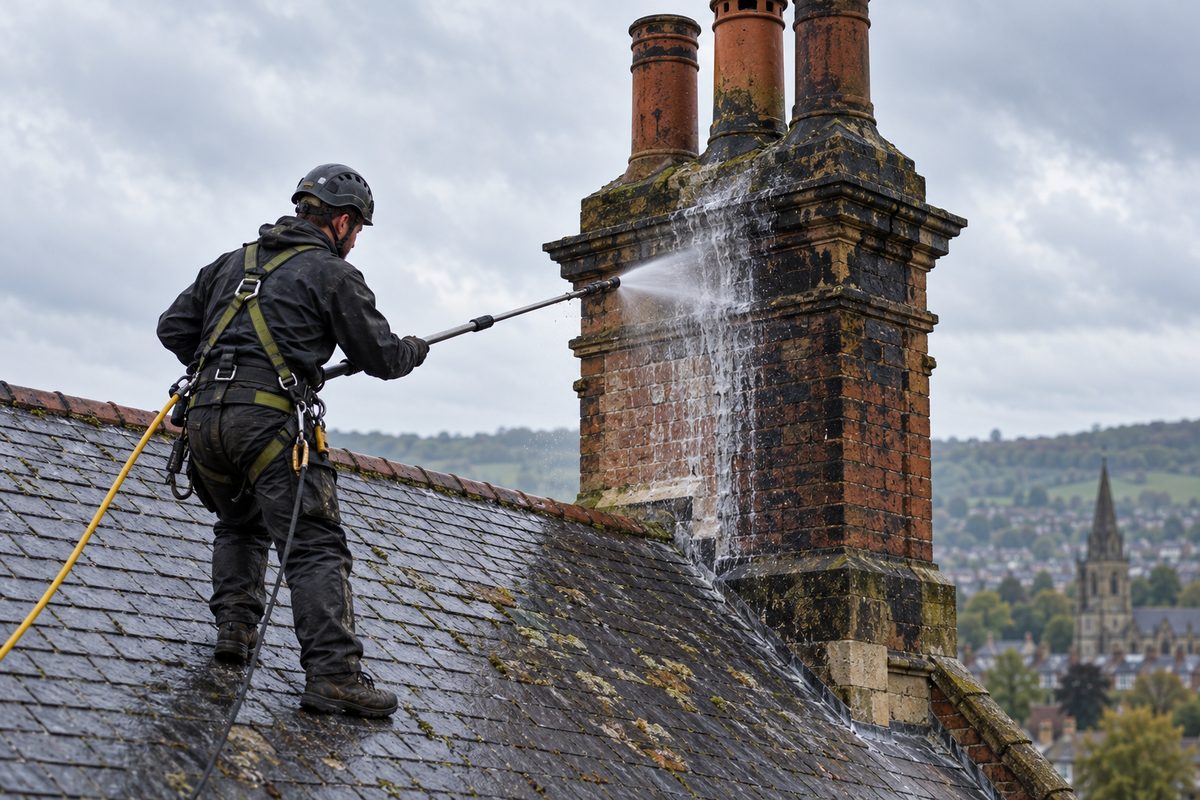 Technician using low-pressure soft wash spray to clean historic multi-flue residential brick chimney