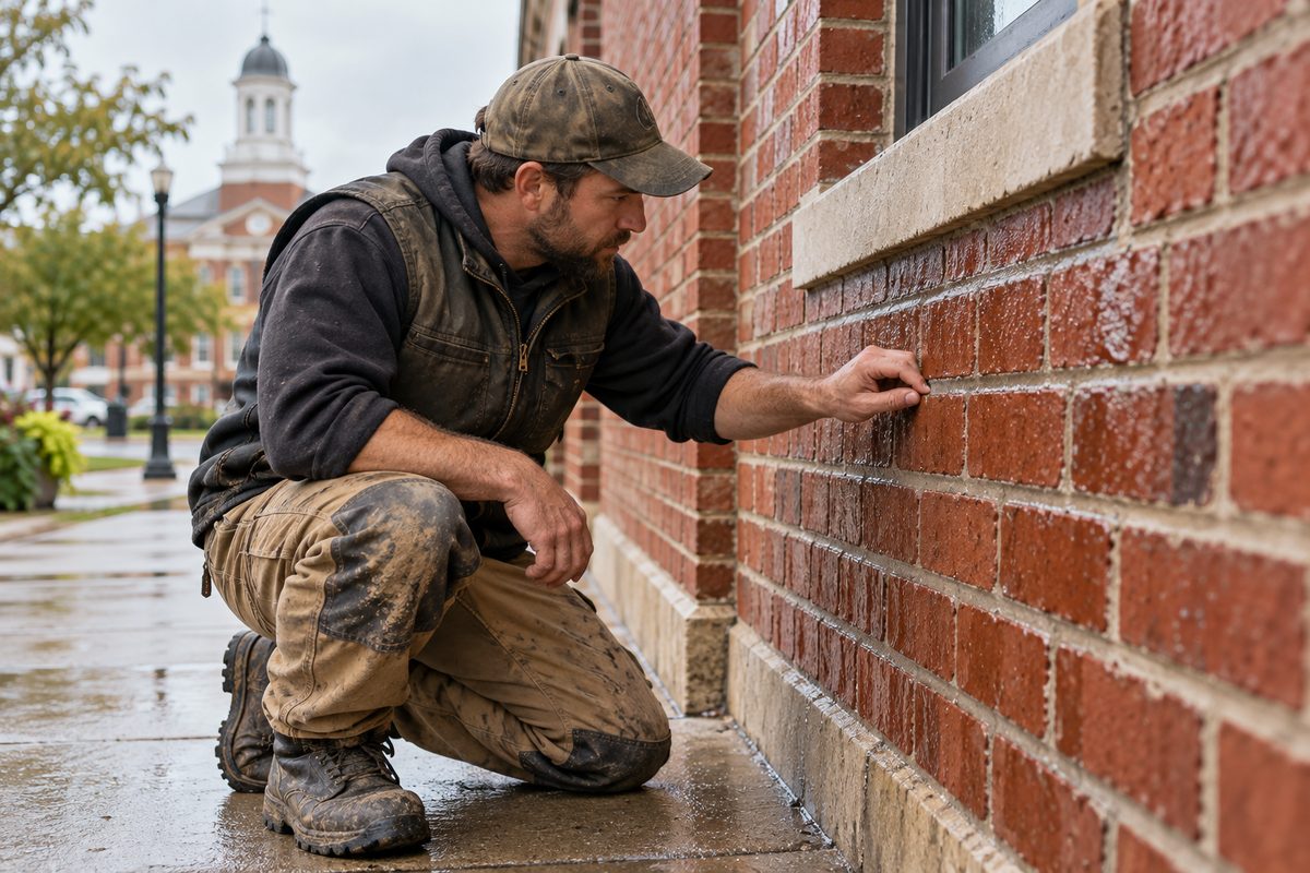 Ivan Petrov inspecting clean mortar joints and brick surface finish after complete exterior washing