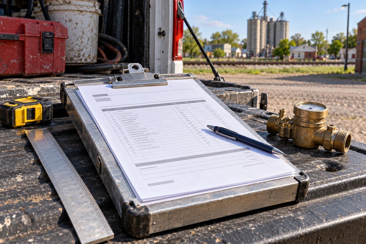 Contractor clipboard with printed written estimate ledger and measurement tools on service truck tailgate