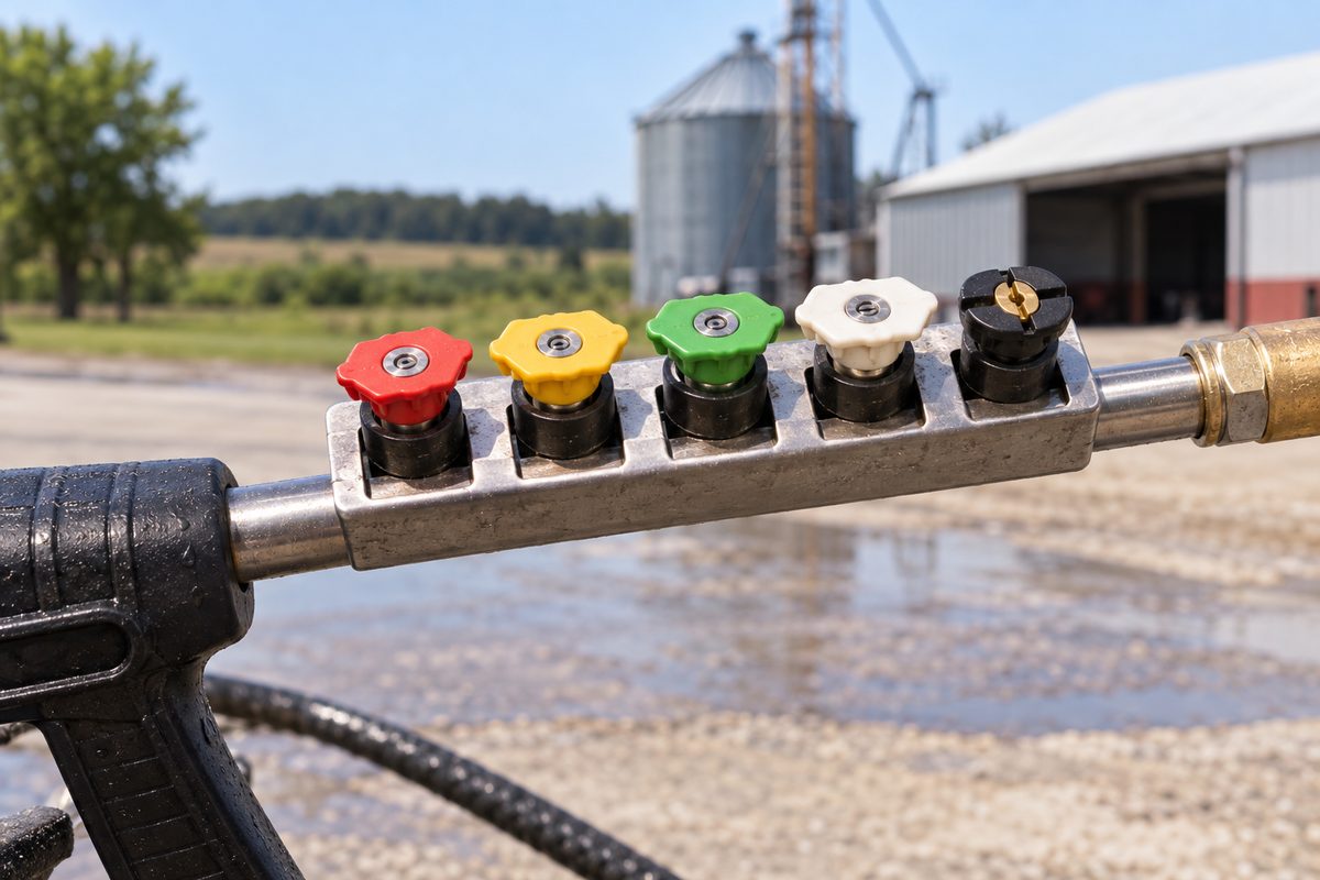 Array of colour-coded pressure washing quick-connect nozzle tips for variable masonry spray angles