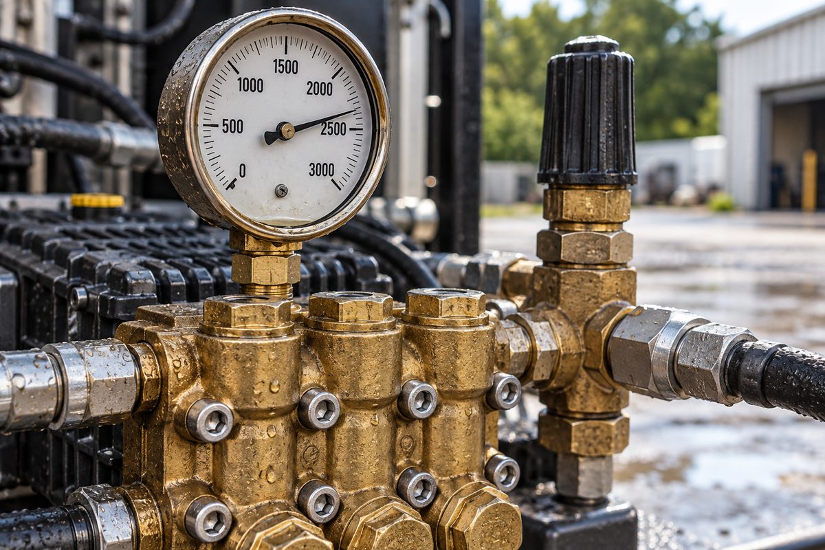Liquid-filled industrial pressure gauge on pump manifold displaying operating water pressure