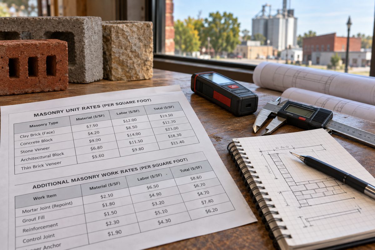 Architectural calculation table with printed square-foot rate ledger sheets and laser measuring tool