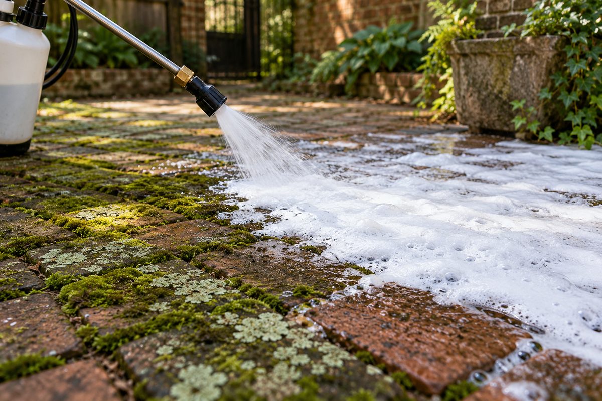 Low-pressure soft wash nozzle applying foaming biocidal cleaner to moss-stained exterior brickwork