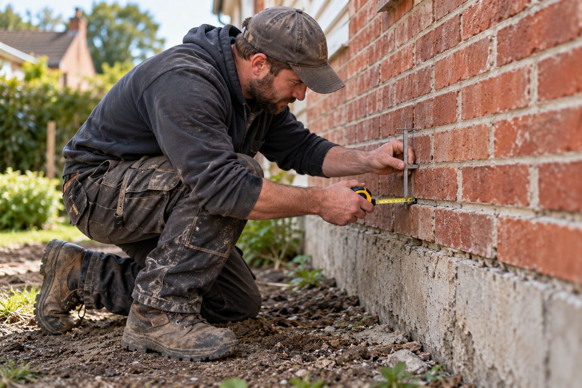 Ivan Petrov checking mortar joint depth and brick face condition with a measurement gauge