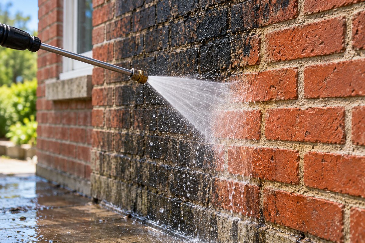 Commercial pressure washing spray wand stripping atmospheric soot from exterior red brick with a wide fan spray